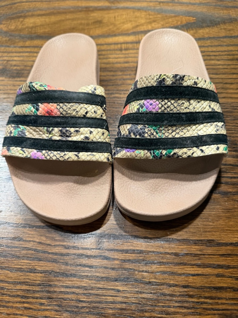 adidas Pink Slide Sandals with Multicolor Snake-Print Straps